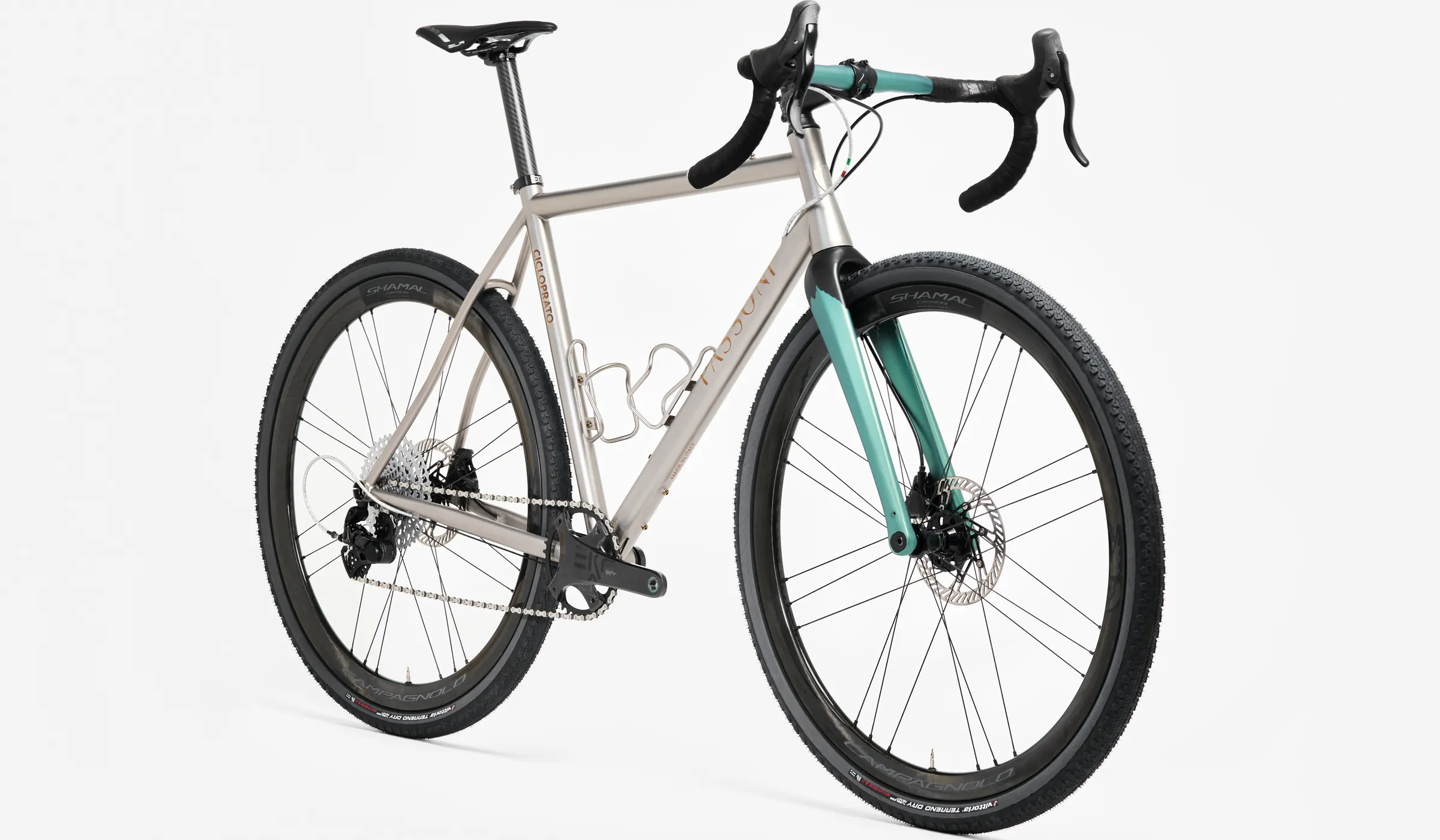 Passoni Cicloprato titanium gravel bike with a celeste fork and Campagnolo wheels