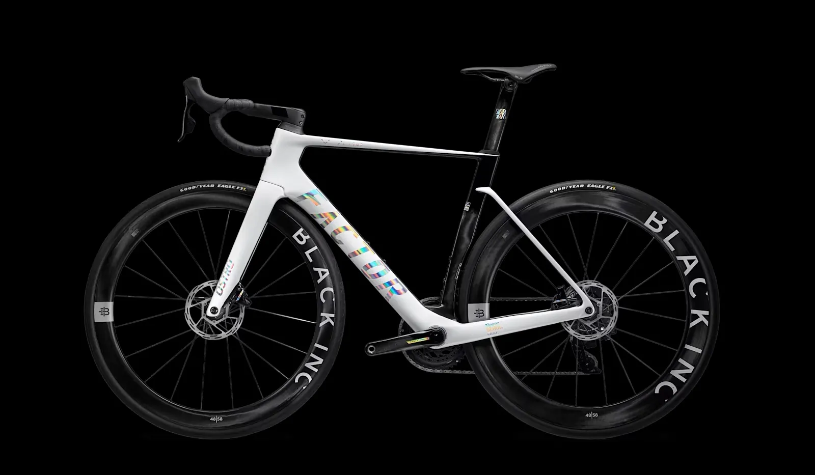 White Factor Ostro VAM road bike with holographic lettering and Black Inc wheels